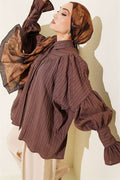 Balloon Sleeve Cuff Shirt, Brown