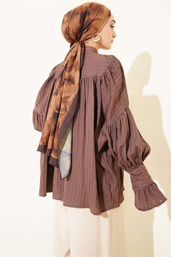 Balloon Sleeve Cuff Shirt, Brown