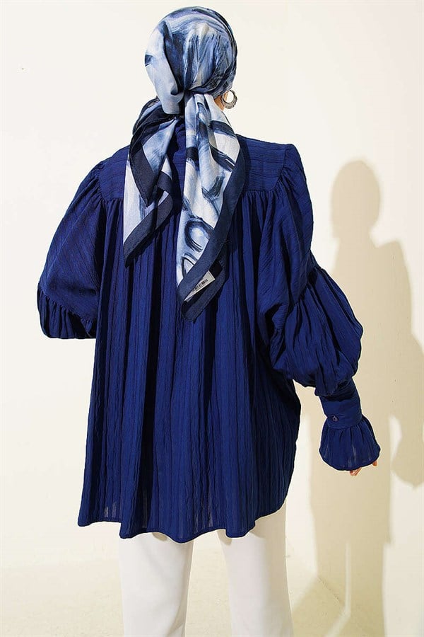 Balloon Sleeve Cuff Shirt Navy Blue