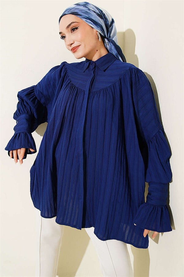 Balloon Sleeve Cuff Shirt Navy Blue