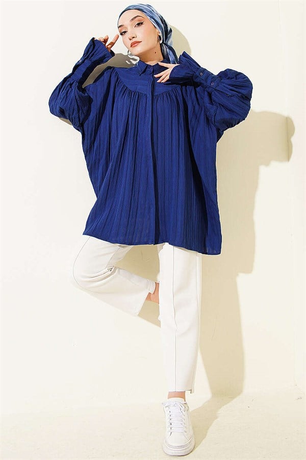 Balloon Sleeve Cuff Shirt Navy Blue
