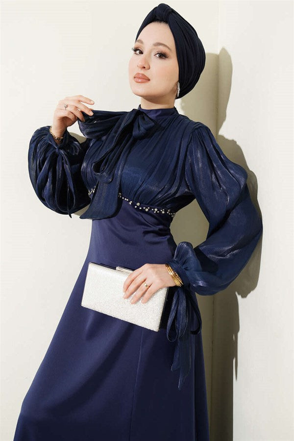 Balloon Sleeve Mini Embellished Evening Dress Navy Blue