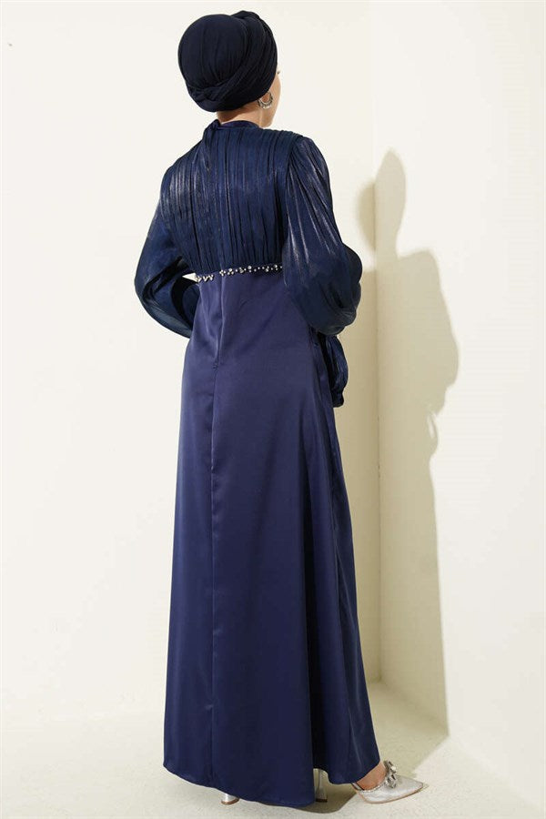 Balloon Sleeve Mini Embellished Evening Dress Navy Blue