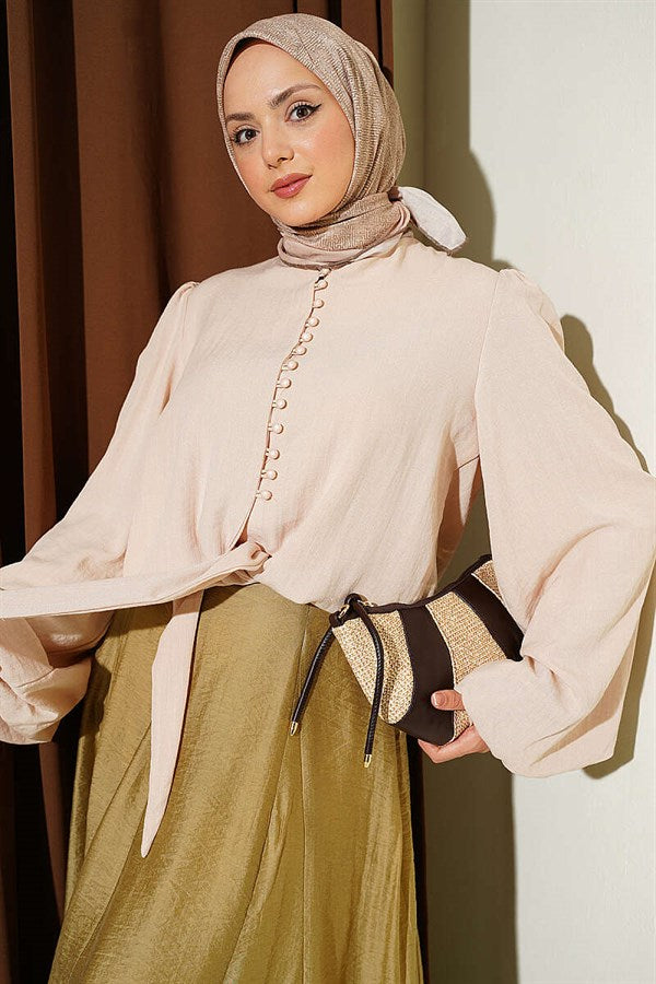 Balloon Sleeve Front Tie Short Shirt Beige