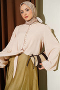 Balloon Sleeve Front Tie Short Shirt Beige
