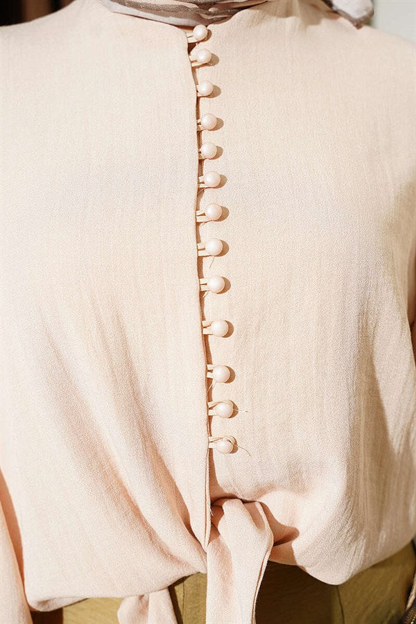 Balloon Sleeve Front Tie Short Shirt Beige