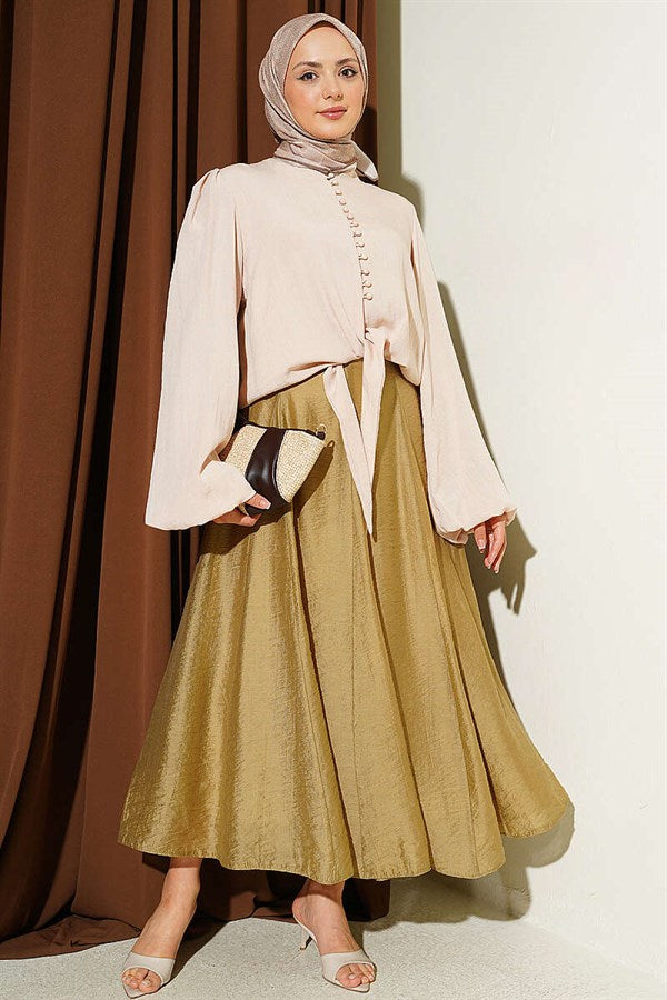 Balloon Sleeve Front Tie Short Shirt Beige