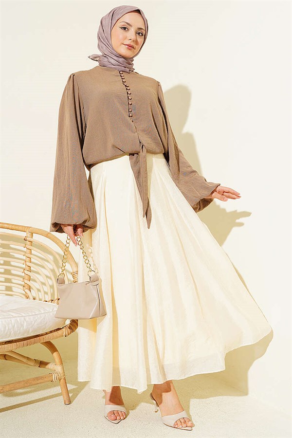 Balloon Sleeve Front Tie Short Shirt Latte