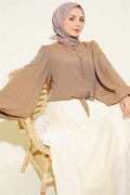 Balloon Sleeve Front Tie Short Shirt Latte