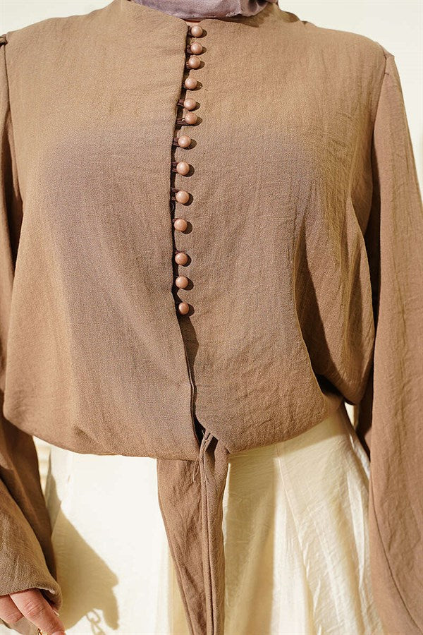 Balloon Sleeve Front Tie Short Shirt Latte