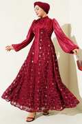 Balloon Sleeve Sequin Embellished Evening Dress Burgundy