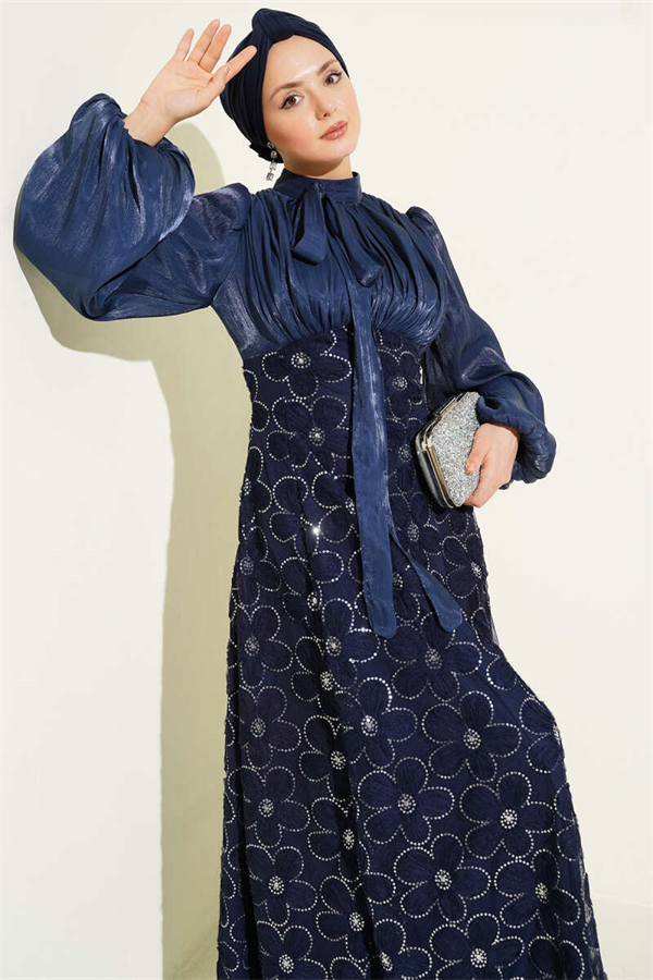Balloon Sleeve Sequin Embellished Evening Dress Navy Blue