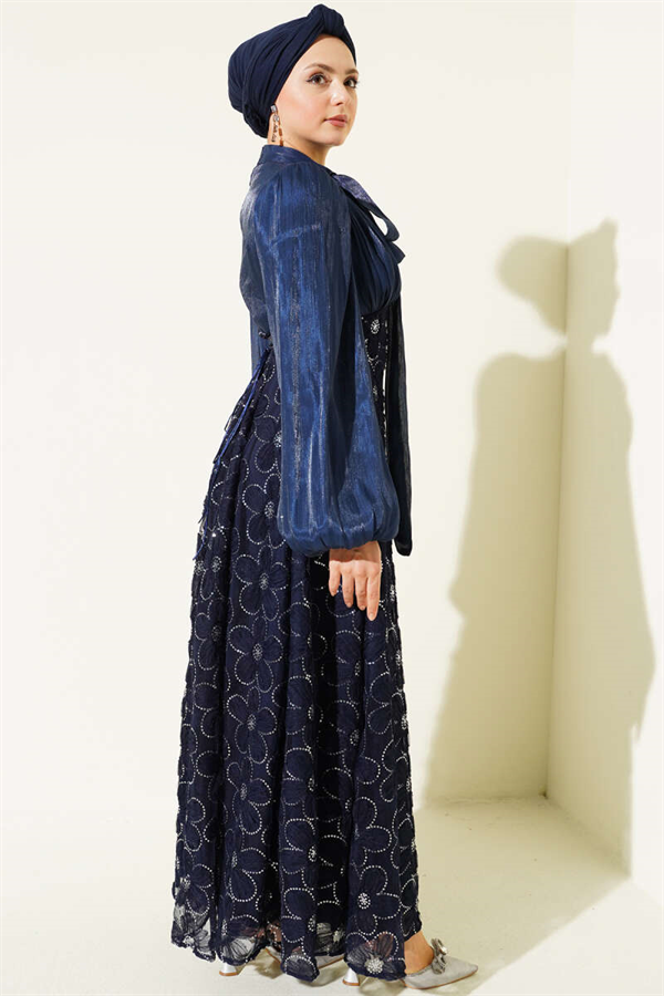 Balloon Sleeve Sequin Embellished Evening Dress Navy Blue