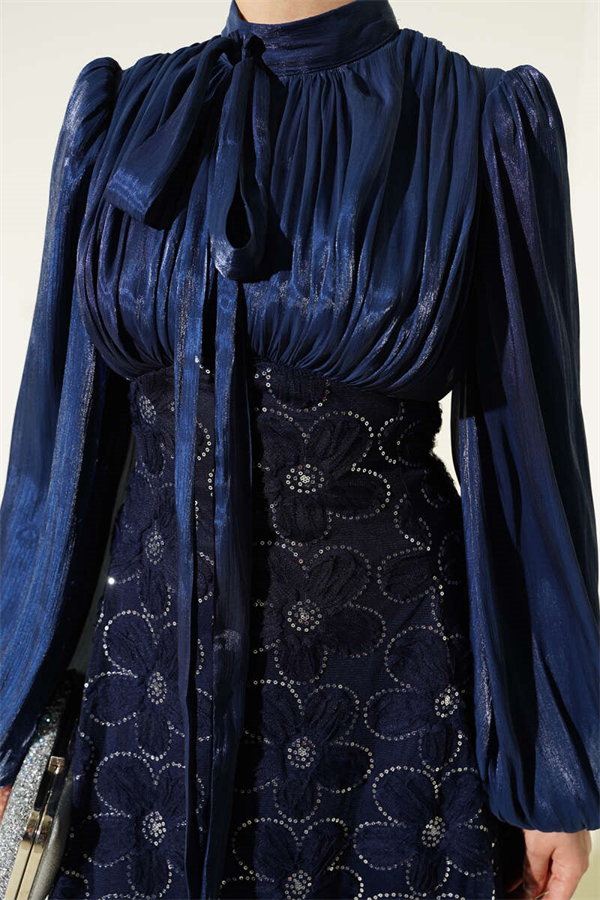Balloon Sleeve Sequin Embellished Evening Dress Navy Blue