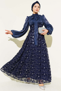 Balloon Sleeve Sequin Embellished Evening Dress Navy Blue