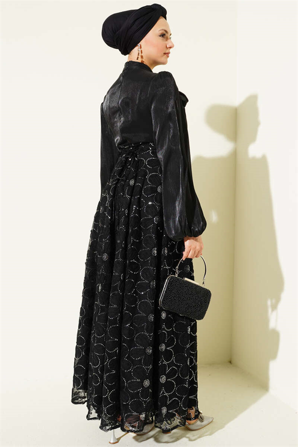 Balloon Sleeve Sequin Embellished Evening Dress Black