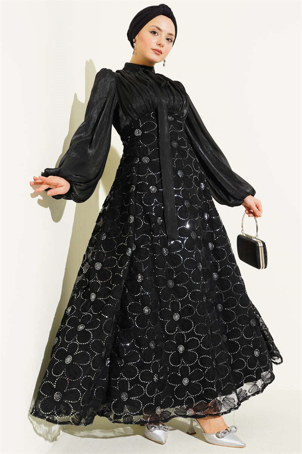 Balloon Sleeve Sequin Embellished Evening Dress Black