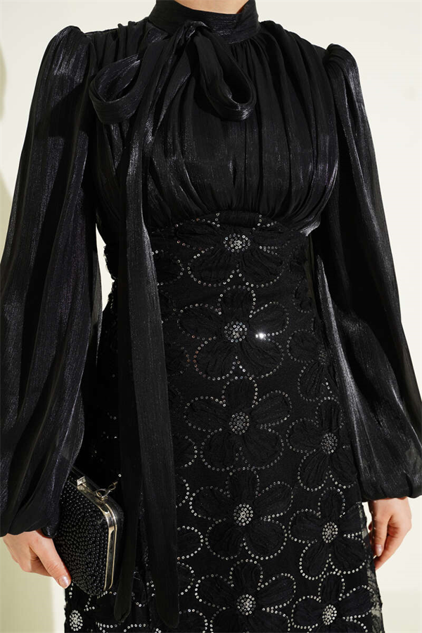 Balloon Sleeve Sequin Embellished Evening Dress Black