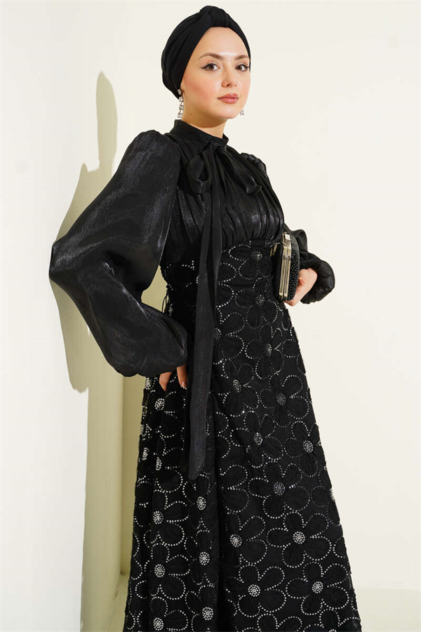 Balloon Sleeve Sequin Embellished Evening Dress Black