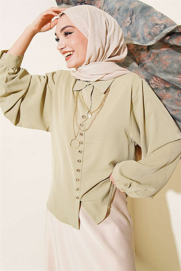 Balloon Sleeve Loose Short Shirt in Sage Green