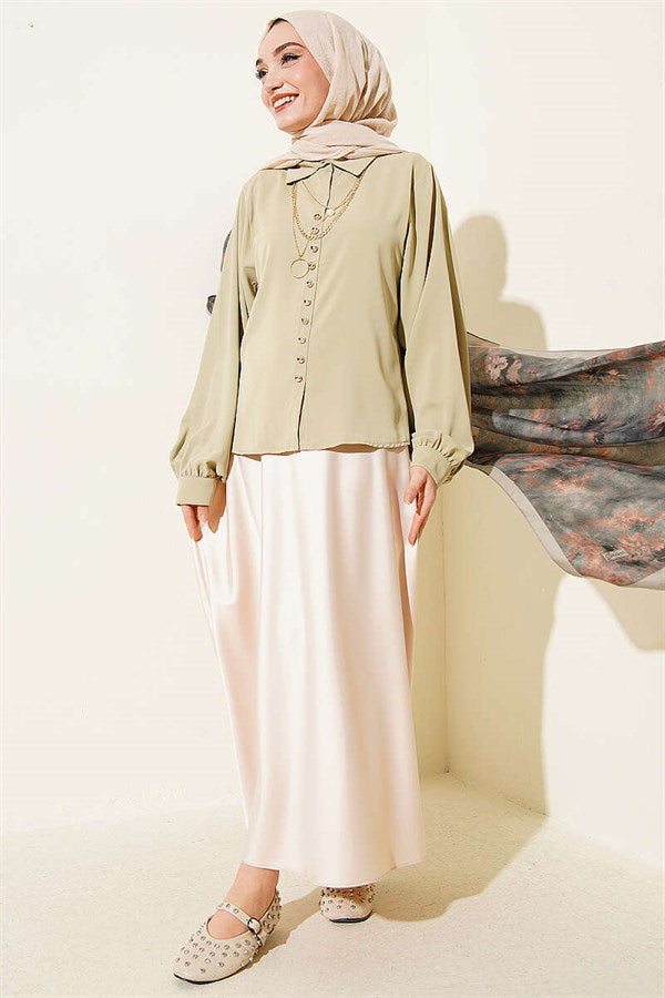 Balloon Sleeve Loose Short Shirt in Sage Green