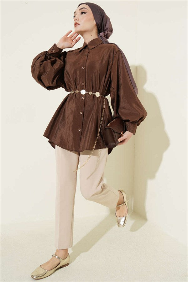 Balloon Sleeve Loose Parachute Shirt Coffee