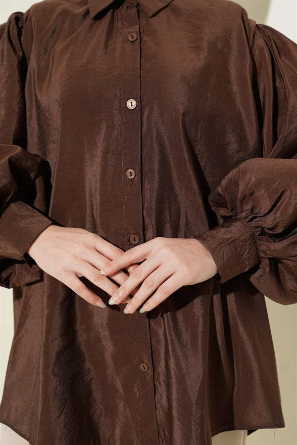 Balloon Sleeve Loose Parachute Shirt Coffee