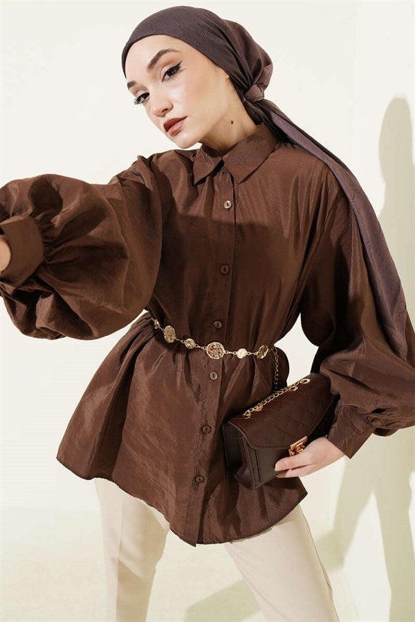Balloon Sleeve Loose Parachute Shirt Coffee