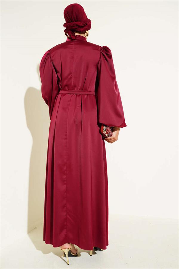 Balloon Sleeve Satin Evening Dress Burgundy