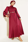 Balloon Sleeve Satin Evening Dress Burgundy