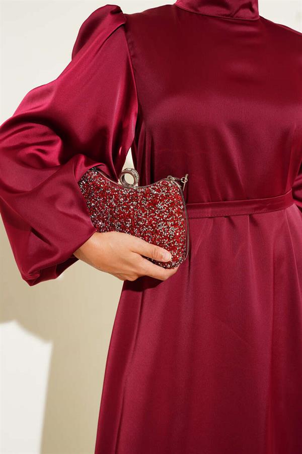 Balloon Sleeve Satin Evening Dress Burgundy