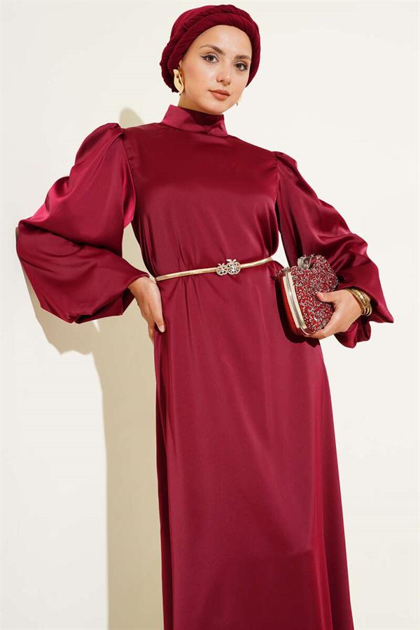 Balloon Sleeve Satin Evening Dress Burgundy