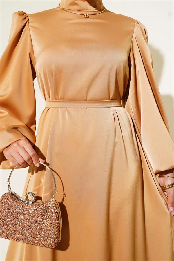 Balloon Sleeve Satin Evening Dress Camel