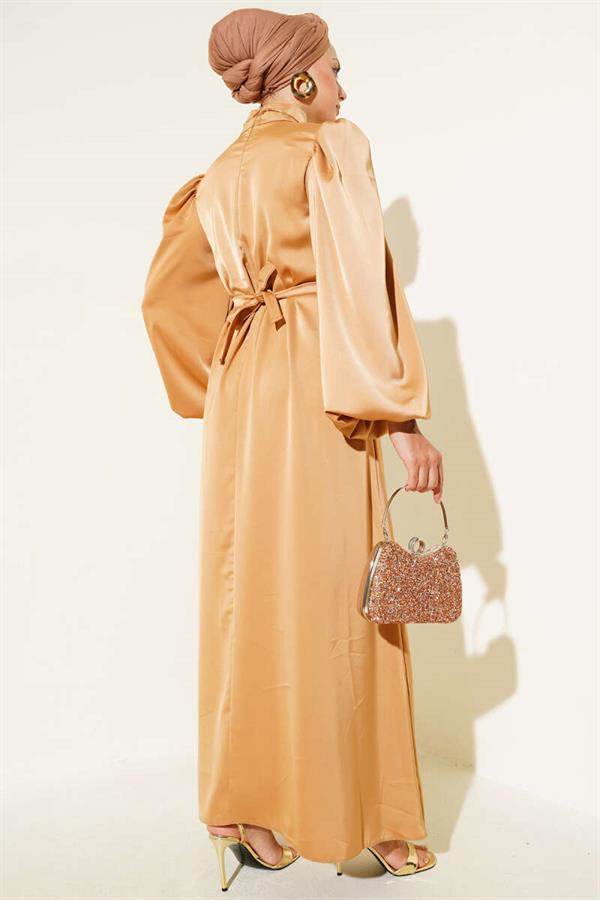 Balloon Sleeve Satin Evening Dress Camel
