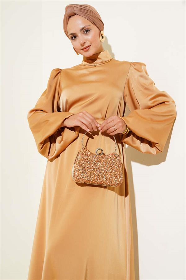 Balloon Sleeve Satin Evening Dress Camel