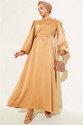 Balloon Sleeve Satin Evening Dress Camel
