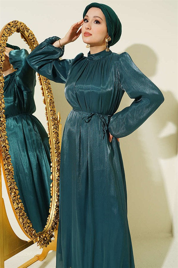 Balloon Sleeve Chiffon Evening Dress in Petrol Green