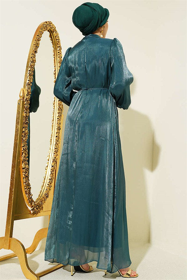 Balloon Sleeve Chiffon Evening Dress in Petrol Green