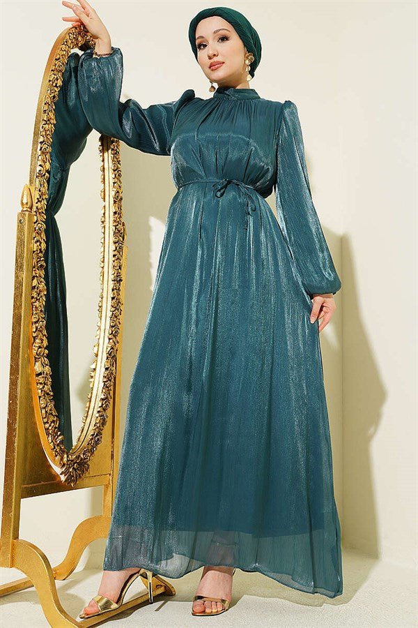 Balloon Sleeve Chiffon Evening Dress in Petrol Green