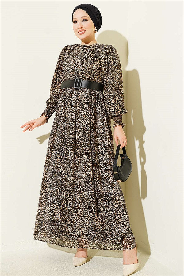 Balloon Sleeve Chiffon Dress Leopard