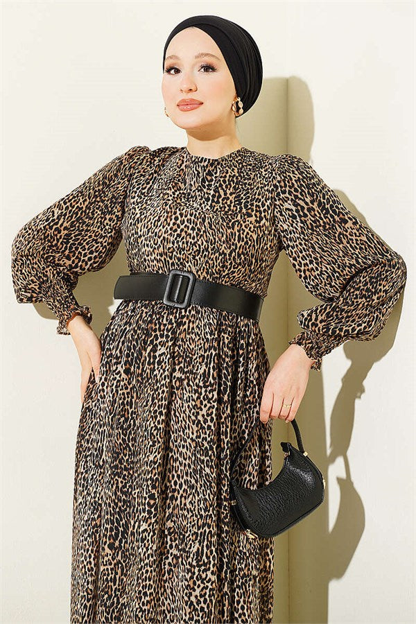 Balloon Sleeve Chiffon Dress Leopard