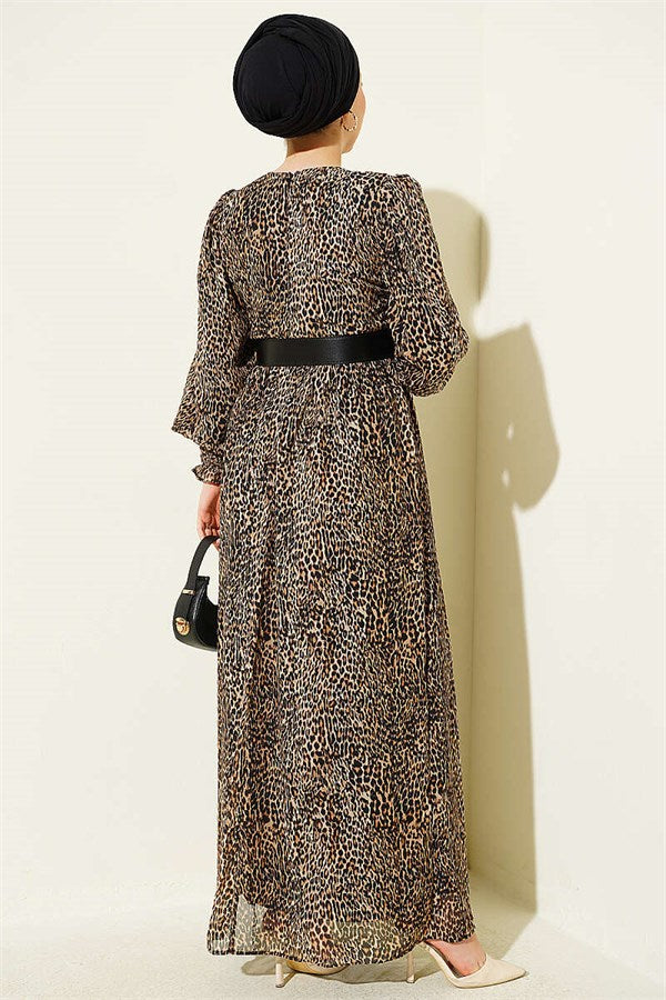 Balloon Sleeve Chiffon Dress Leopard