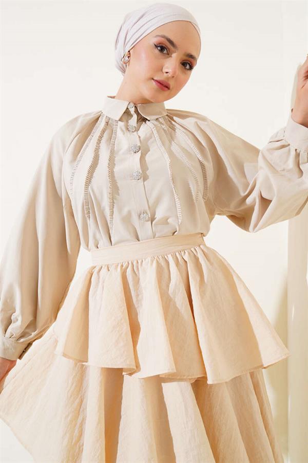Balloon Sleeve Stone Button Short Shirt Beige