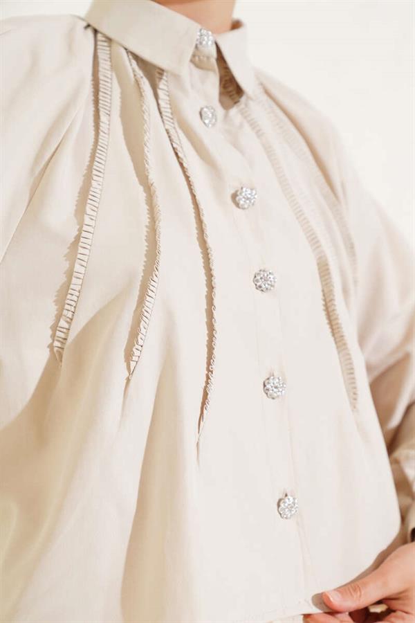 Balloon Sleeve Stone Button Short Shirt Beige