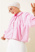 Balloon Sleeve Stone Button Short Shirt Pink