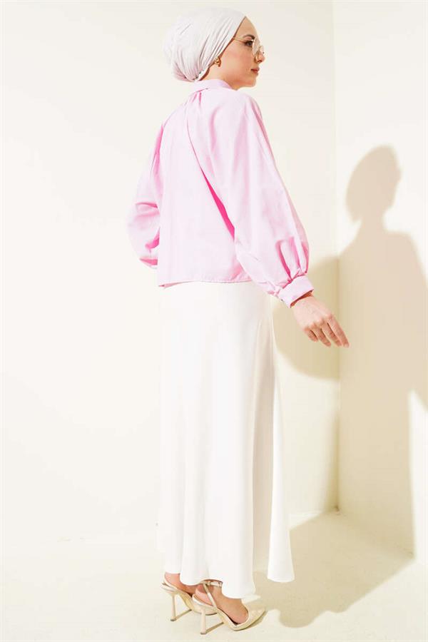 Balloon Sleeve Stone Button Short Shirt Pink