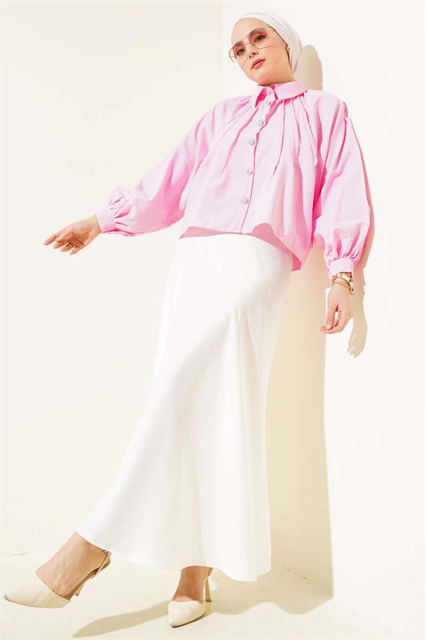 Balloon Sleeve Stone Button Short Shirt Pink