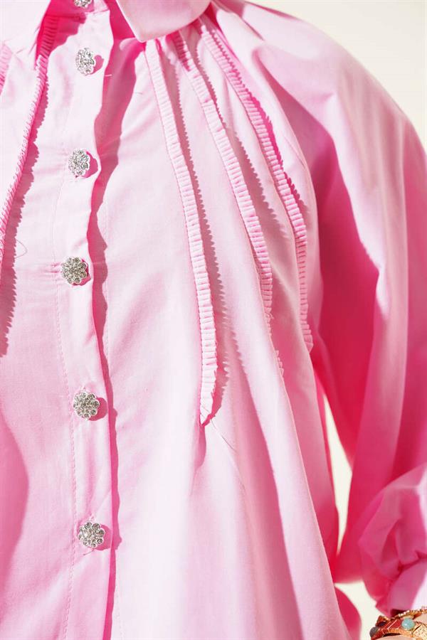 Balloon Sleeve Stone Button Short Shirt Pink
