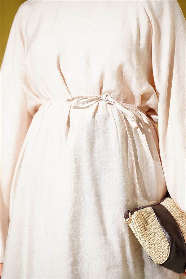 Balloon Sleeve Tencel Drawstring Tunic in Beige