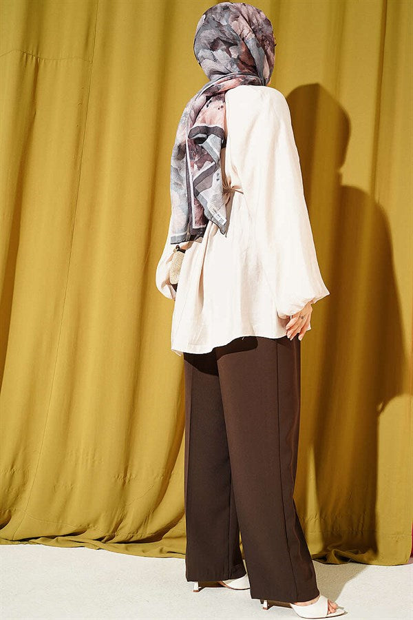 Balloon Sleeve Tencel Drawstring Tunic in Beige